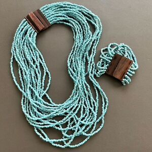 Chunky Blue Beaded Necklace & Bracelet - Wood Multi Strand